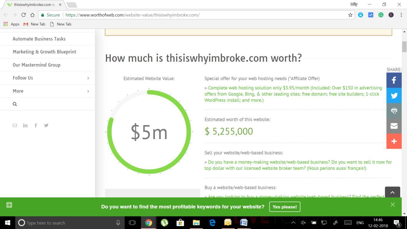 A picture showing the current worth of the affiliate marketing website used in the case study