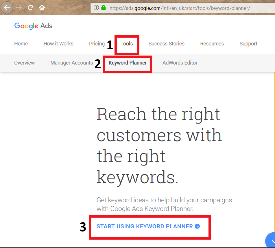 Image showing how to start the Google keyword planner tool