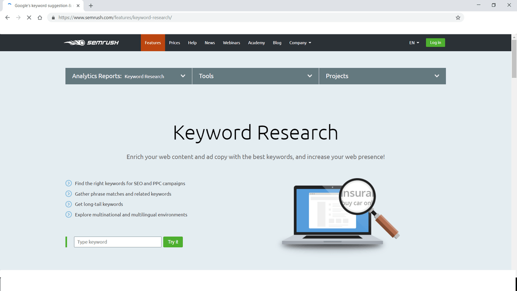 Best keyword tool - screenshot of SEMRush