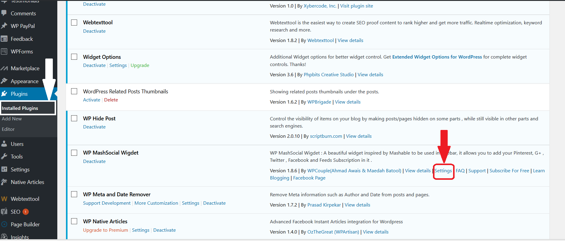 screenshot showing how to install WP Mash social plugin